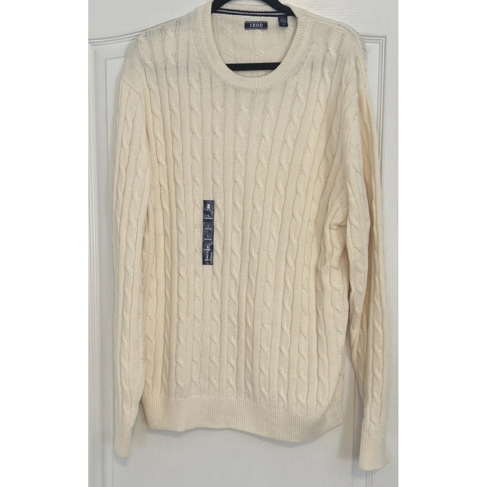 Izod Cable Knit Sweater Beige Off-White Mens Large Round Neck NEW WITH TAGS
